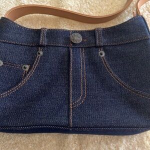 Denim Shoulder Bag with Tan Strap